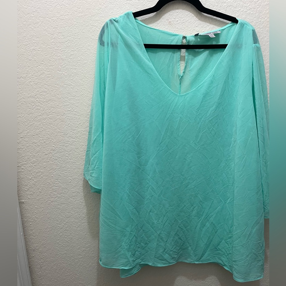 Jennifer Lopez | Light Aqua Sheer V-Neck Blouse